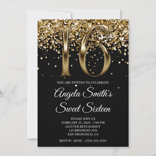 Invitation Paillettes d'or noir métallisé pour un Sweet 16 (Devant)