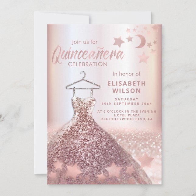 Invitation Paillettes d'or rose robe lune étoiles Quinceañera (Devant)