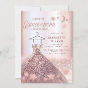 Invitation Paillettes d'or rose robe lune étoiles Quinceañera