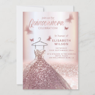 Invitation Paillettes d'or rose robe lune étoiles Quinceañera