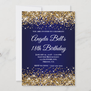 Invitation Paillettes dorées Anniversaire 18 ans bleu marine