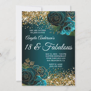 Invitation Paillettes dorées Bleu sarcelle Floral Glam 18 ans