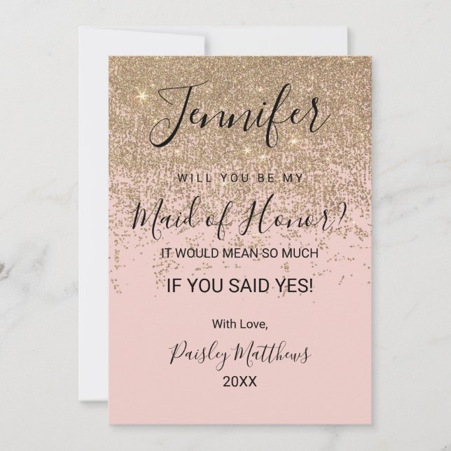 Invitation Paillettes dorées Blush rose Demoiselle d'honneur (Devant)