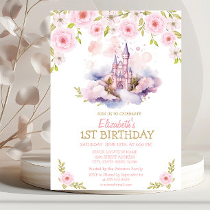 Invitation Paillettes dorées, Château aquarelle, Anniversaire