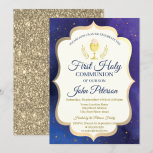 Invitation Paillettes dorées, Étoiles, Calice Première Commun