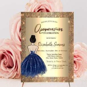 Invitation Paillettes dorées, Fille en robe bleue pour Quince