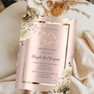 Invitation Paillettes dorées,Fleurs Rose Gold 70e anniversair