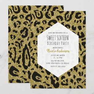 Invitation Paillettes dorées, guépard noir, léopard, fête dou