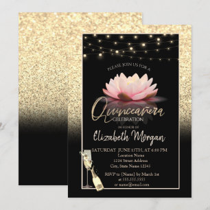 Invitation Paillettes dorées, Lotus, Verre à vin Quinceanera