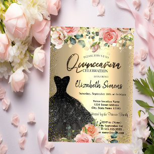 Invitation Paillettes dorées, Roses noires pour robe de Quinc
