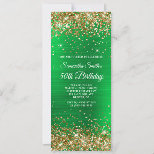 Invitation Paillettes dorées Vert brillant Feuille 50e Annive