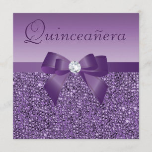 Invitation Paillettes et arc imprimés par pourpre Quinceanera