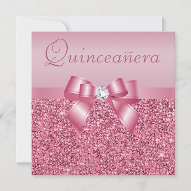 Invitation Paillettes et arc imprimés par rose Quinceanera (Devant)
