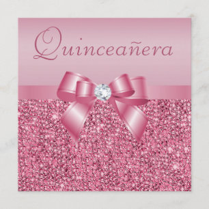 Invitation Paillettes et arc imprimés par rose Quinceanera