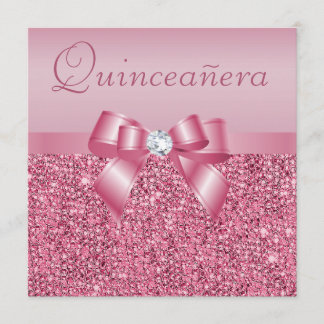 Invitation Paillettes et arc imprimés par rose Quinceanera