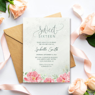 Invitation Paillettes Fleurs Vert Douce & Rose Anniversaire 1
