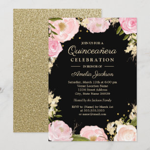 Invitation Paillettes Floral Or Rose Noir Quinceanera