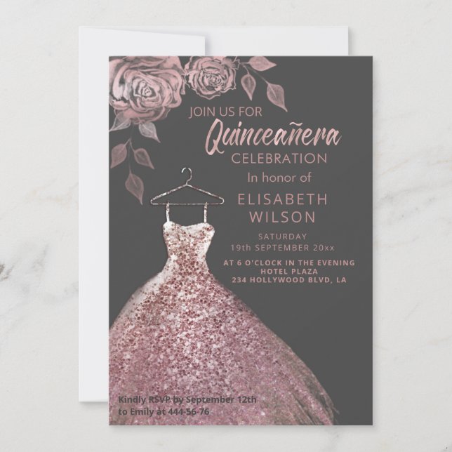 Invitation Paillettes florales Robe or rose Quinceañera Invit (Devant)