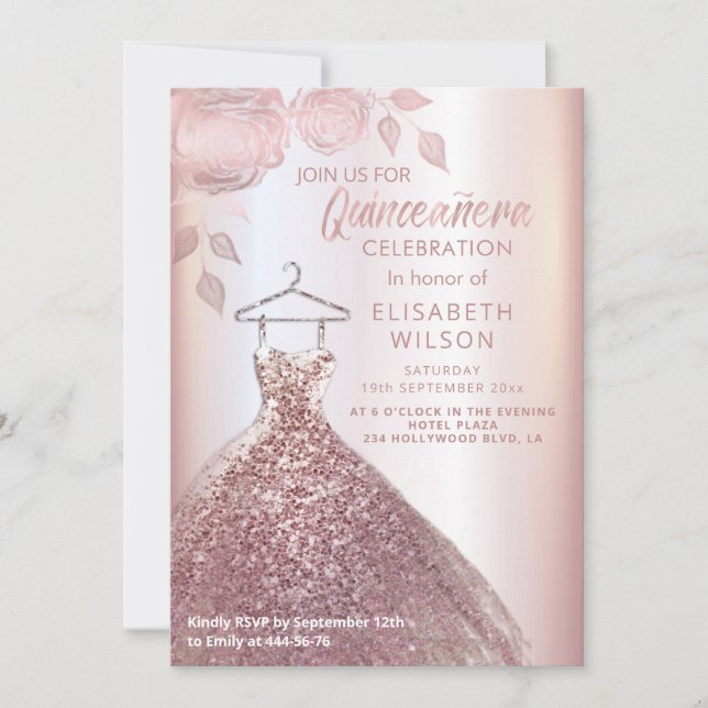 Invitation Paillettes florales Robe or rose Quinceañera Invit (Devant)