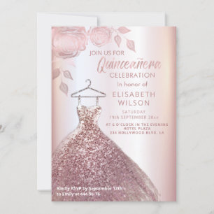 Invitation Paillettes florales Robe or rose Quinceañera Invit