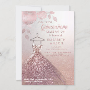 Invitation Paillettes florales robe or rose    QuinceañeraInv
