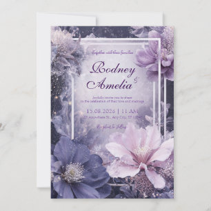 Invitation Paillettes Foncé Floral Mauve Pervenche Mariage