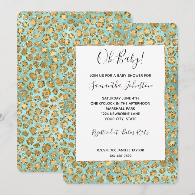 Invitation Paillettes Glitz Aqua Menthe Doré Léopard (Devant / Derrière)