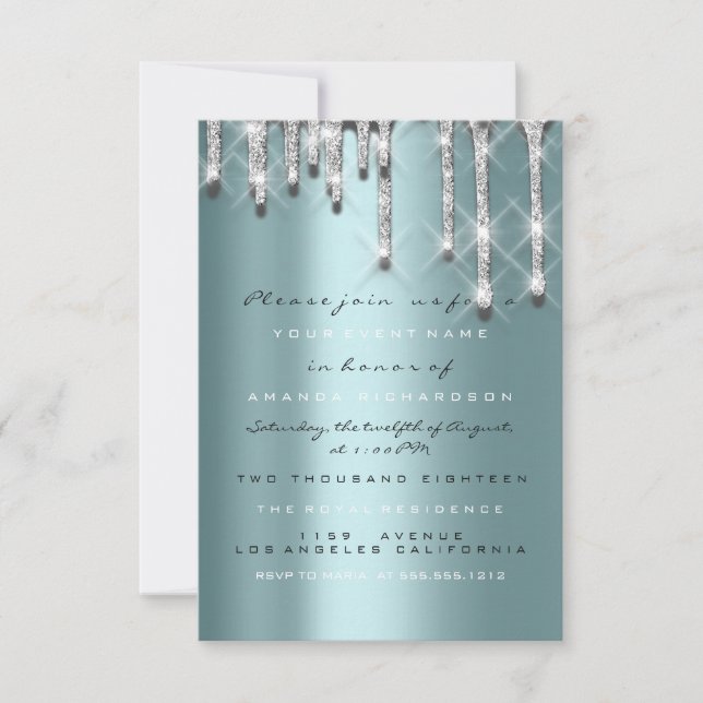 Invitation Paillettes Gouttes Argent Mariage Teal Douze 3d (Devant)