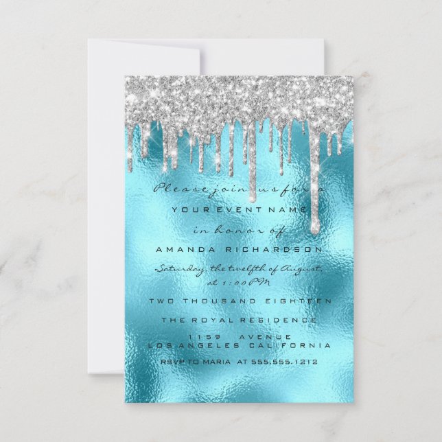 Invitation Paillettes gouttes argentées bleu mariage douce 16 (Devant)