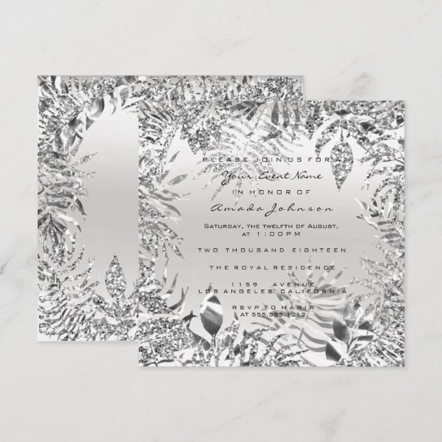 Invitation Paillettes Gris Argenté Métal Tropical Feuille Cad (Devant / Derrière)