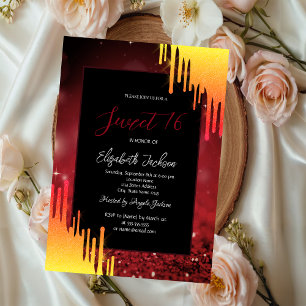 Invitation Paillettes jaunes chic en gouttes, rouge Bokeh 