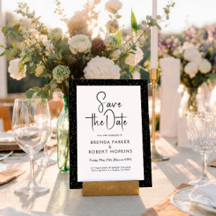 Invitation Paillettes noires et or Script noir sur fond blanc
