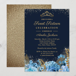 Invitation Paillettes Or Bleu Fleur Glitter Sweet Sixteen