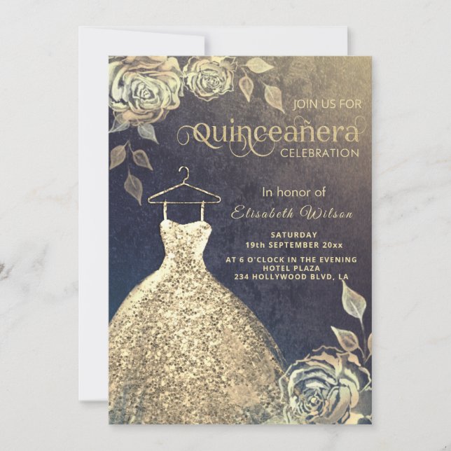 Invitation Paillettes or rose tendance robe Quinceañera (Devant)