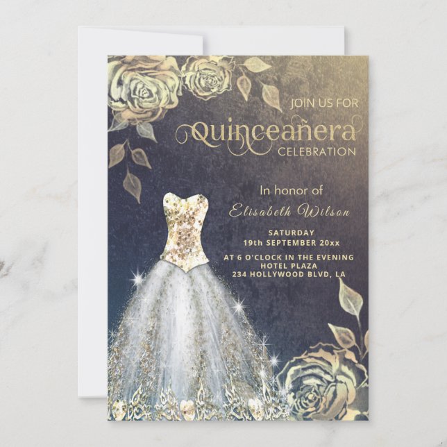 Invitation Paillettes or rose tendance robe Quinceañera (Devant)
