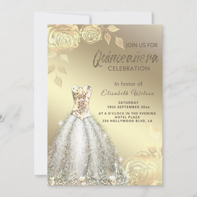 Invitation Paillettes or rose tendance robe Quinceañera (Devant)