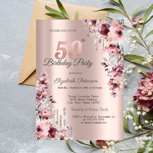 Invitation Paillettes qui dégoulinent Rose Gold Rose Floral 5