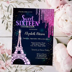 Invitation Paillettes qui dégoulinent,Tour Eiffel Bleu marine