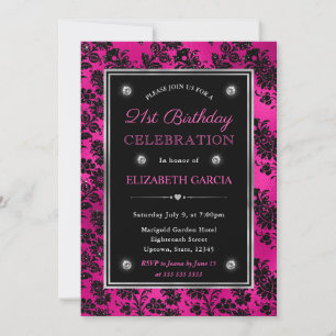 Invitation Paillettes roses et noires Fleurs damassées 21e an