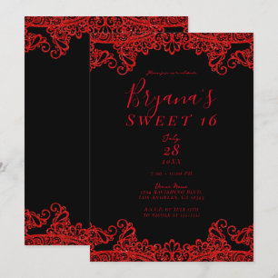 Invitation Paillettes Rouge Étincelant Dentelle Noire Fête Sw