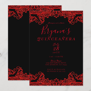 Invitation Paillettes Rouge Étincelante Dentelle Noire Quince