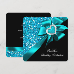 Invitation Paillettes Royal Bleu Canard Cœur Nœud Noir Fête