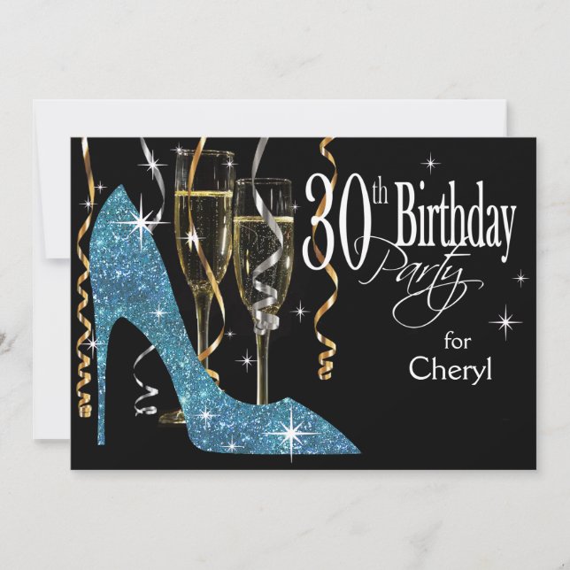 Invitation Paillettes Stiletto Champagne 30e Anniversaire ble (Devant)