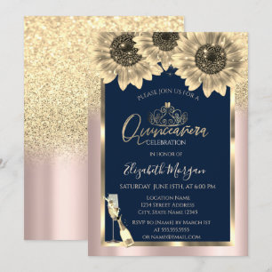 Invitation Paillettes,Tournesols, Tiara Rose Gold Quinceanera