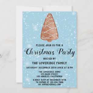 Invitation Pain d'épices Fête de Noël Arbre Bleu Neige