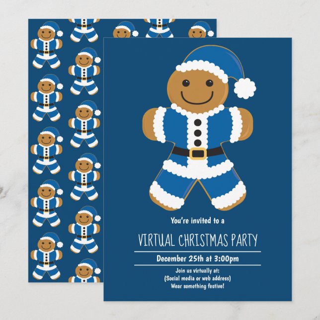 Invitation Pain d'épices Père Noël Bleu Fête virtuelle de Noë (Devant / Derrière)