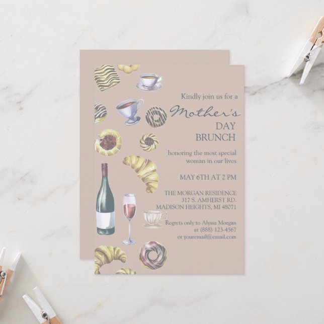 Invitation Pain & Vin ou Thé Fête des Mères Brunch (Devant/Arrière en situation)