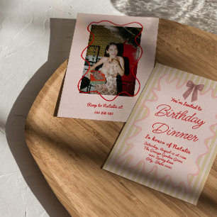 Invitation Painé Pink Bow Stripes Photo Fun Anniversaire Dîne