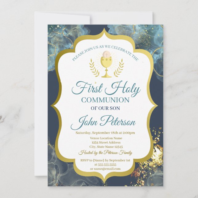 Invitation Paint Splash, Chalice Gold Première Communion Sain (Devant)