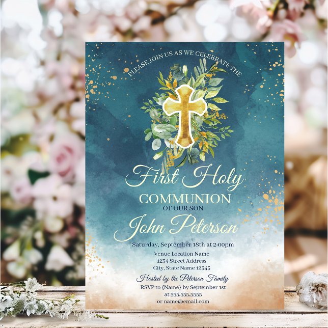 Invitation Paint Splash Floral Cross Première communion saint (Créateur téléchargé)